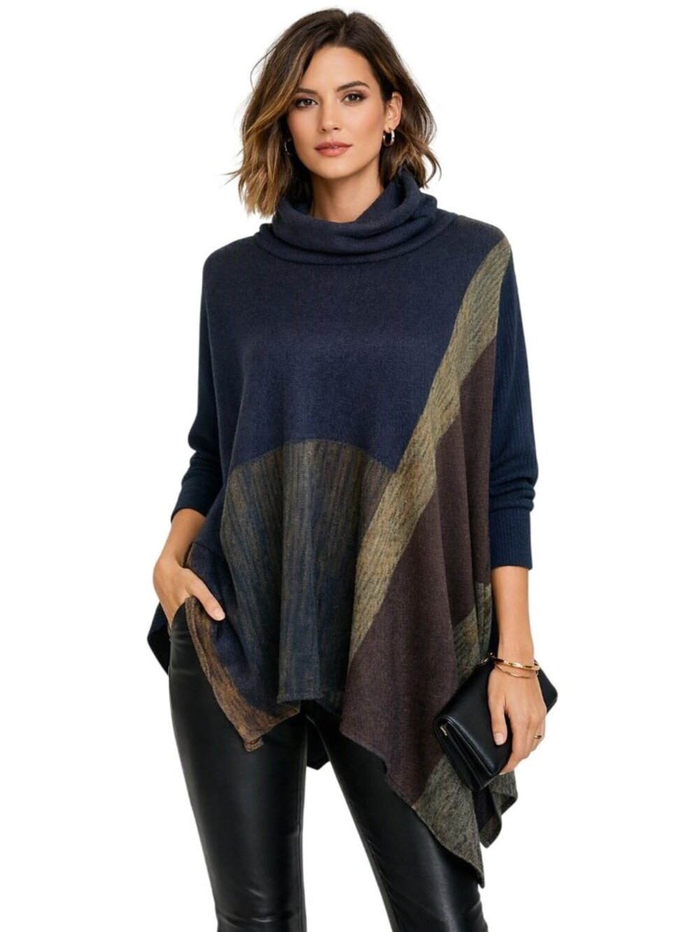 Curio New York Wool Bld Poncho Sweater L Black Olive Asymmetrical Design Artsy